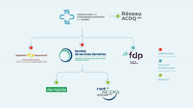 Subsidiaries and partners of the ACDQ, Sogedent Assurances, Financières des Professionnels, Centre Dentaide, Net+ ACDQ