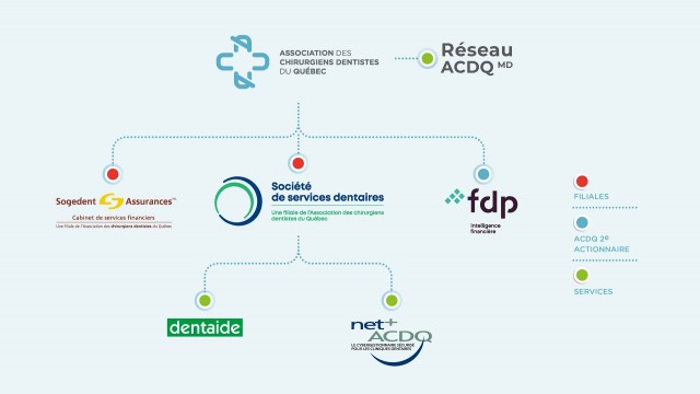 Filiales et partenaires de l'ACDQ, Sogedent Assurances, Financières des Professionnels, Centre Dentaide, Net+ ACDQ